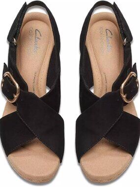 Clarks Collection Women's Giselle Dove Wedge Sandal, Black Nubuck, 8.5 Medium US